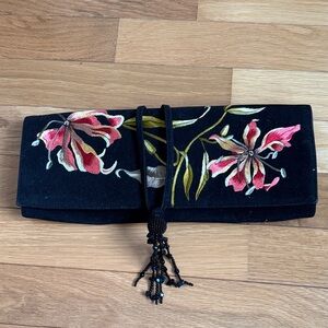 Floral Embroidered Black Clutch
